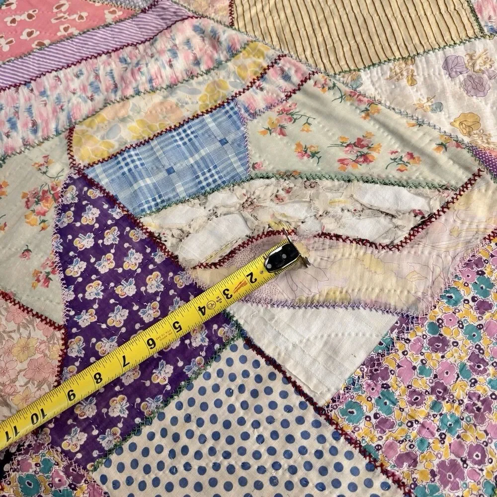 Vintage Abstract patchwork quilt Blue Pink Yellow Red Green Thin 69”x80” Read